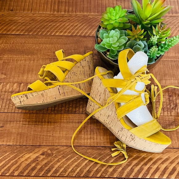 Bleeker & Bond Marisol Sunflower Yellow Suede Wedge Sandals - Picture 3 of 14